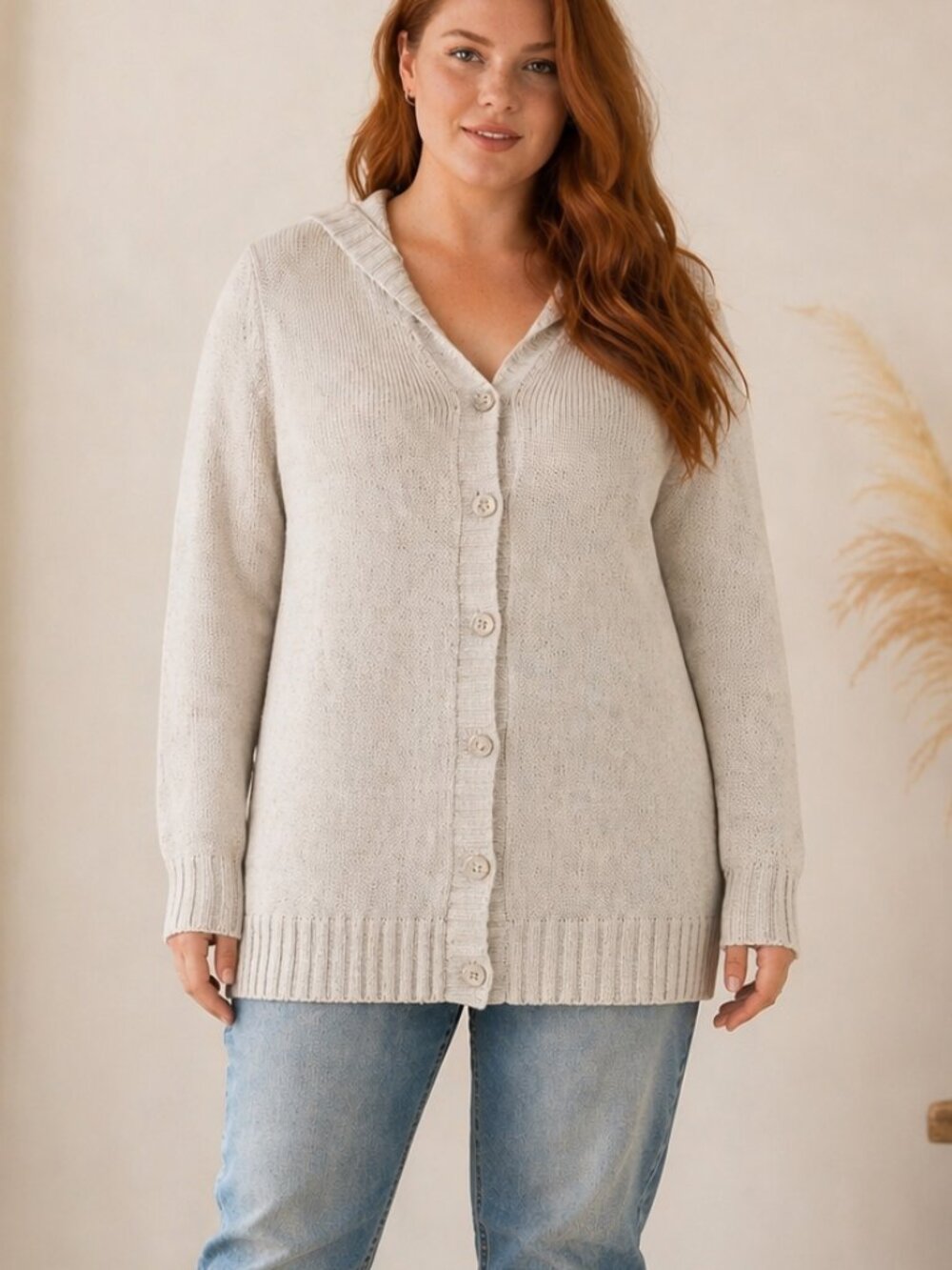 Reitmans Cozy Knit Cardigan Sweater | Neutral Beige Button Front